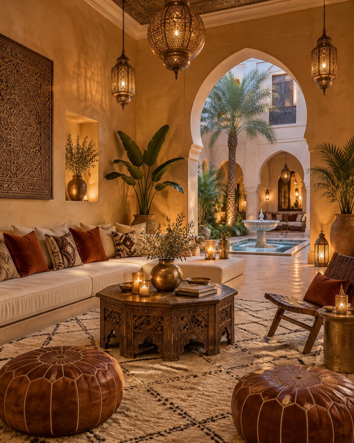 Salon d’un riad marocain aux murs ocre