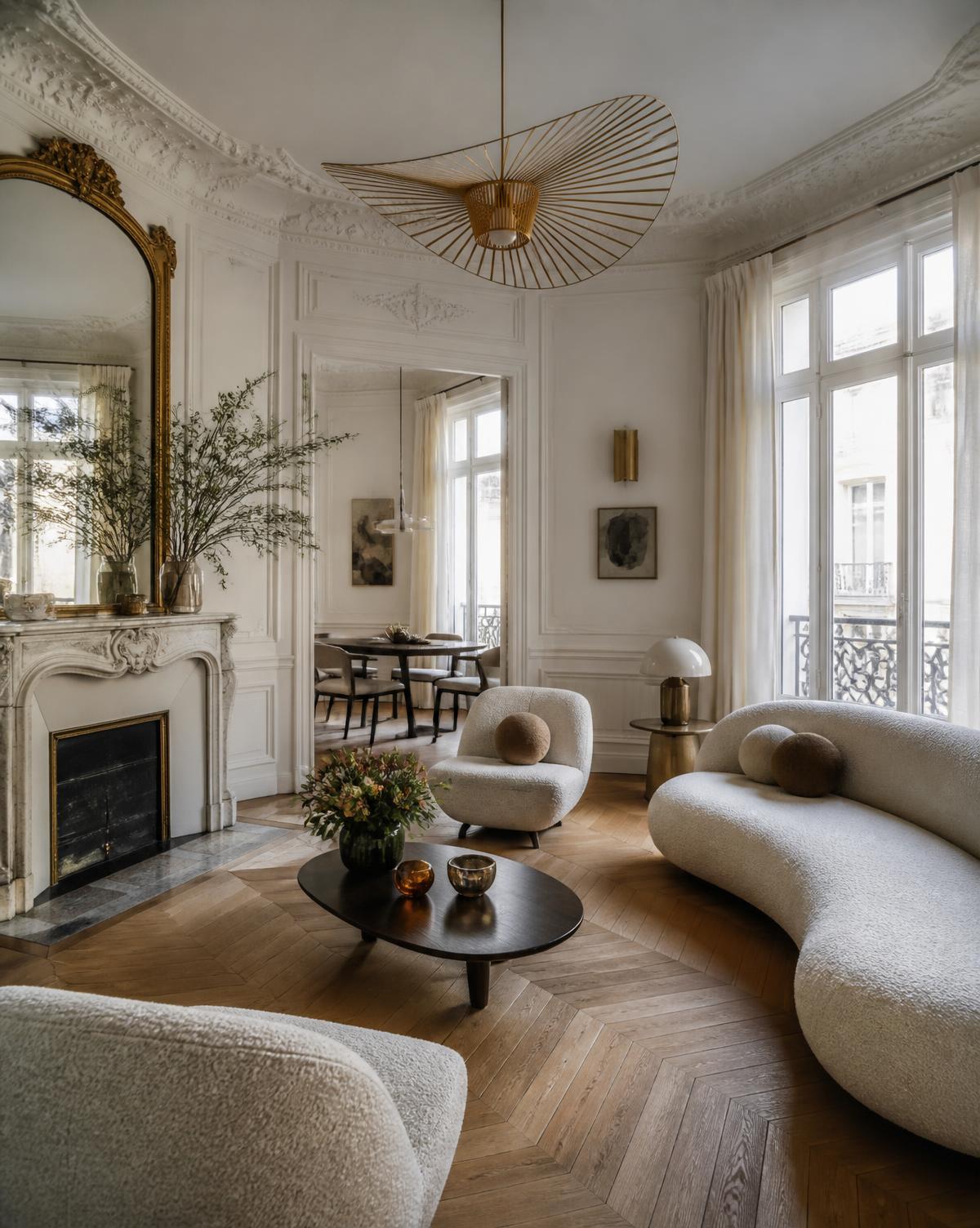 Salon haussmannien avec parquet en point de Hongrie